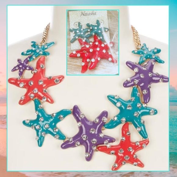 NWT,Natasha, Enamel Rhinestone Starfish Frontal Statement Earrings, GIFT ME! - Picture 4 of 5